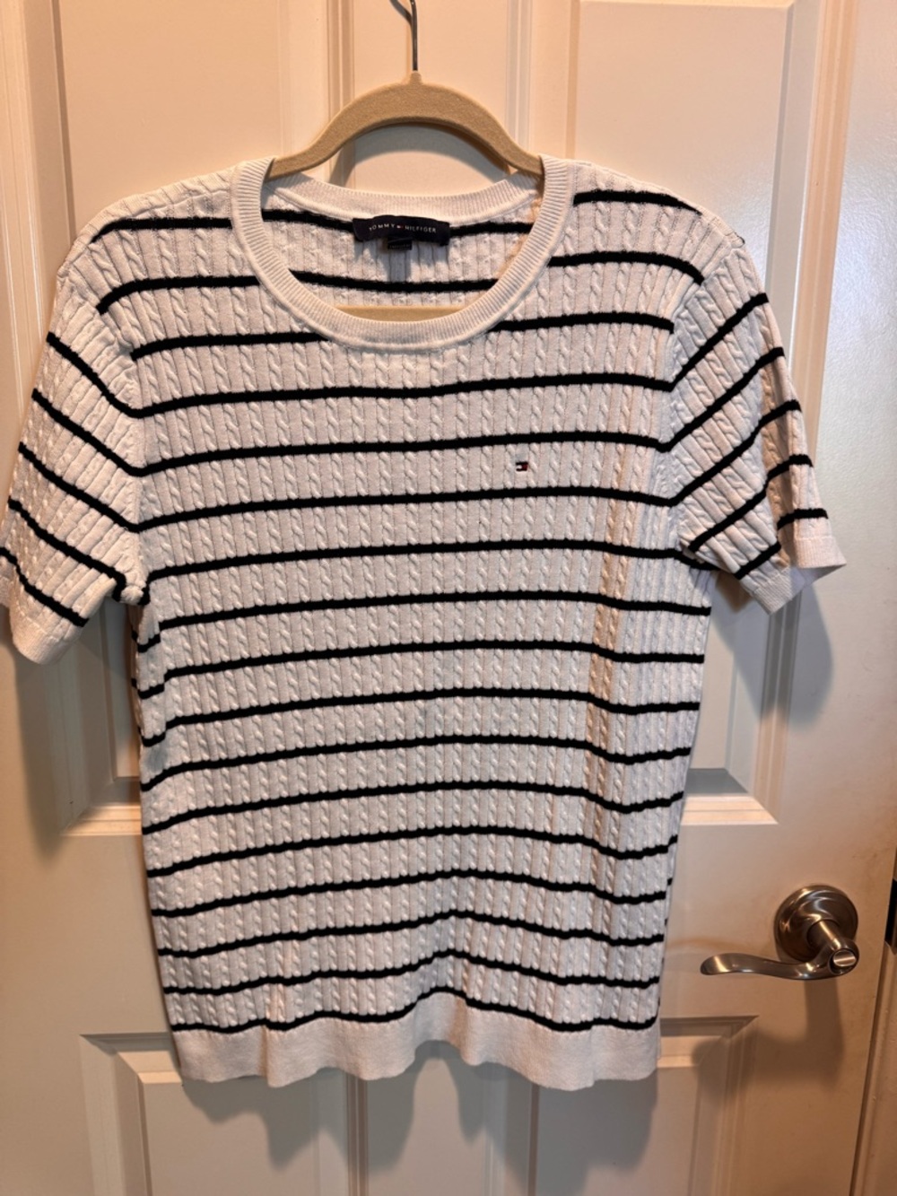 Tommy Hilfiger White Cable Knit Tee with Black Stripes and Logo
